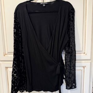 INC International Concepts Black Wrap Sweater with Sheer Velvet Burnout Sleeves